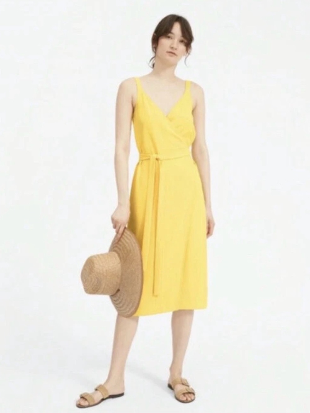 Everlane Japanese GoWeave Yellow Wrap-Style Midi Dress Sleeveless Relaxed Fit